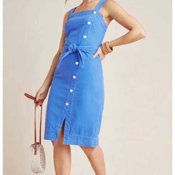 Anthropologie Maeve Elizabeth Dress Blue Button Front Sleeveless - Picture 1 of 12